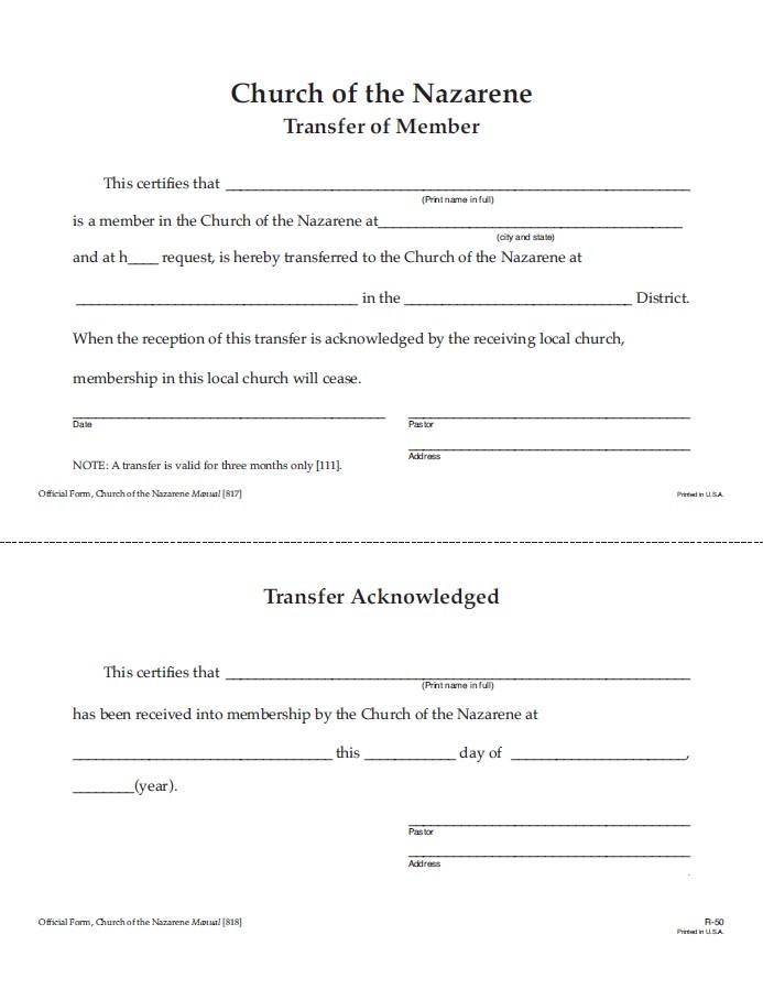 Transfer of Membership Form, Downloadable